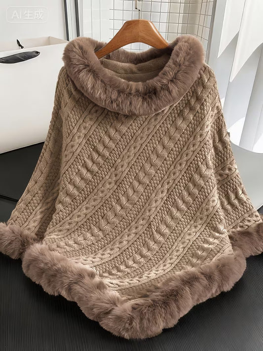 Snowtest Luxury Cable Knit Faux Fur Trim Poncho – Women’s Winter Oversized Cape Jumper