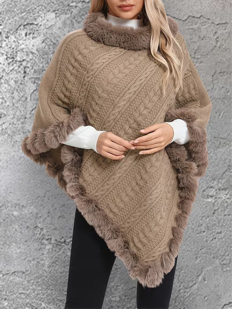 Snowtest Luxury Cable Knit Faux Fur Trim Poncho – Women’s Winter Oversized Cape Jumper