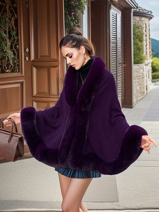 SnowTest Women’s Oversized Cable Knit Poncho Jumper – Luxury Faux Fur Trim Winter Cape