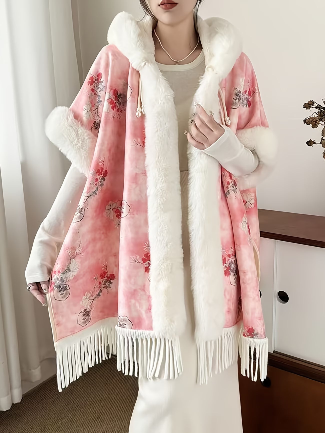 SnowTest Women’s Luxury Faux Fur Poncho Sweater – Oversized Cable Knit Winter Cape