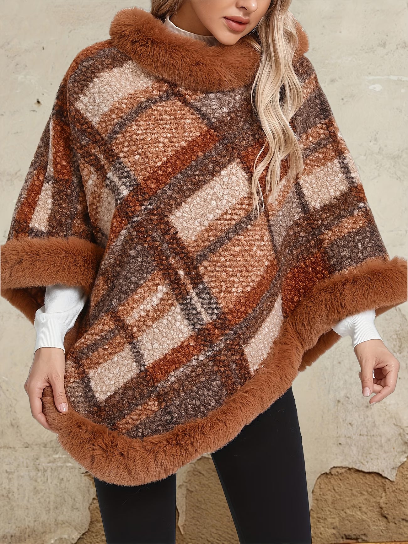 SnowTest Women’s Luxury Faux Fur Trim Poncho – Oversized Winter Knit Cape Sweater