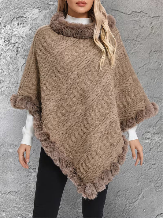 Snowtest Luxury Cable Knit Faux Fur Trim Poncho – Women’s Winter Oversized Cape Jumper