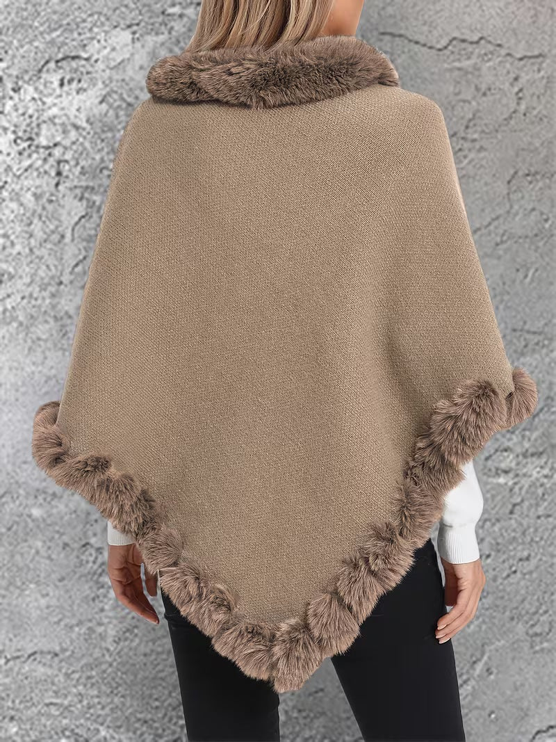 Snowtest Luxury Cable Knit Faux Fur Trim Poncho – Women’s Winter Oversized Cape Jumper