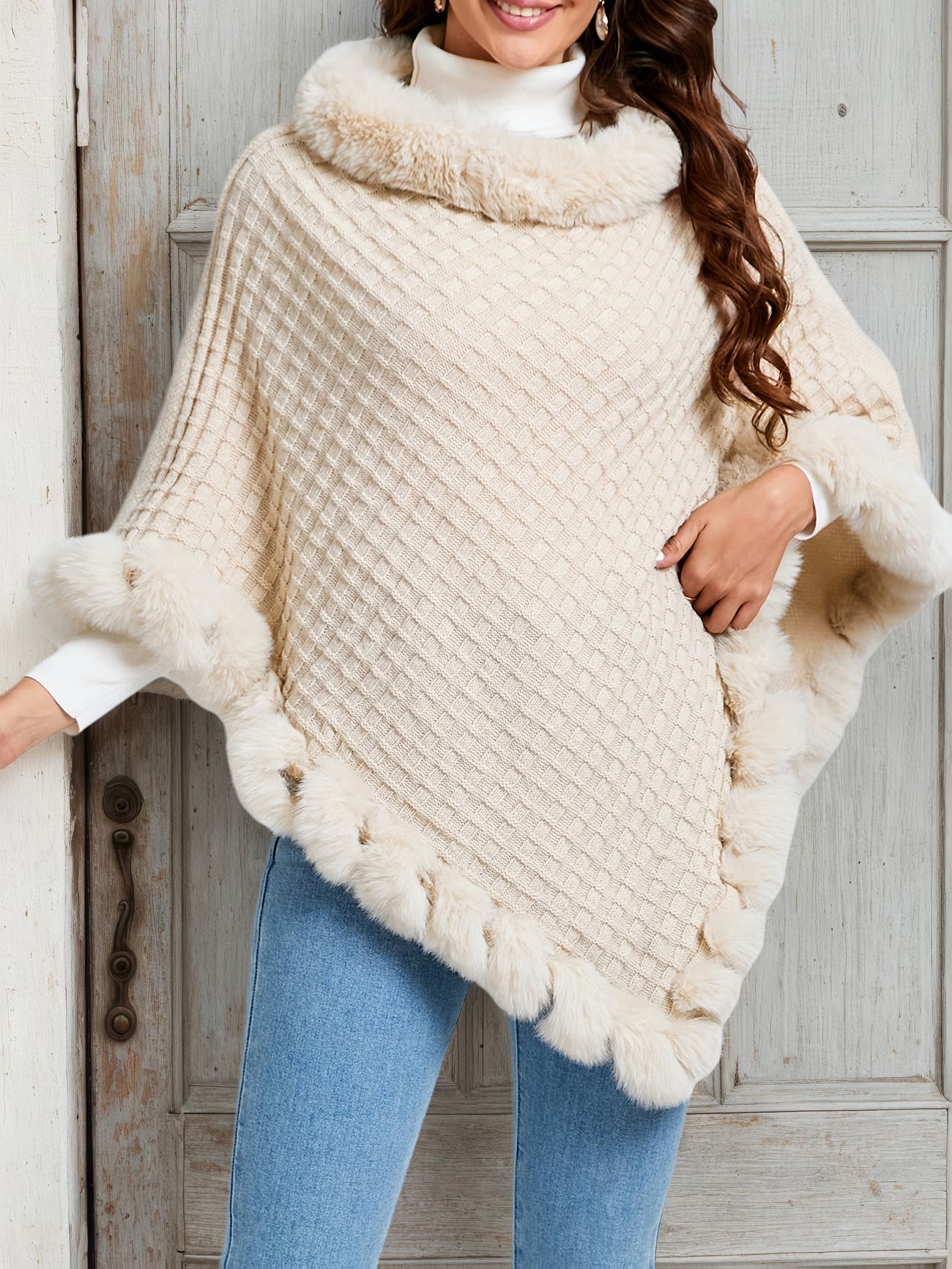 SnowTest Women’s Luxury Faux Fur Trim Knit Poncho – Oversized Winter Cape Sweater