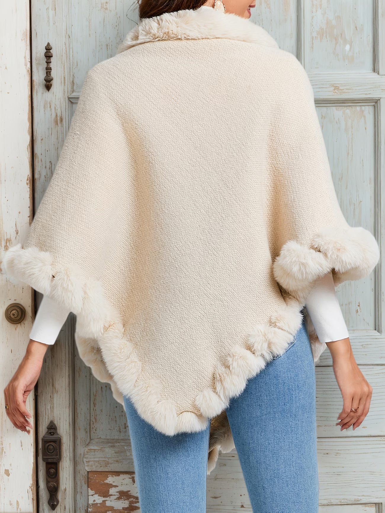 SnowTest Women’s Luxury Faux Fur Trim Knit Poncho – Oversized Winter Cape Sweater
