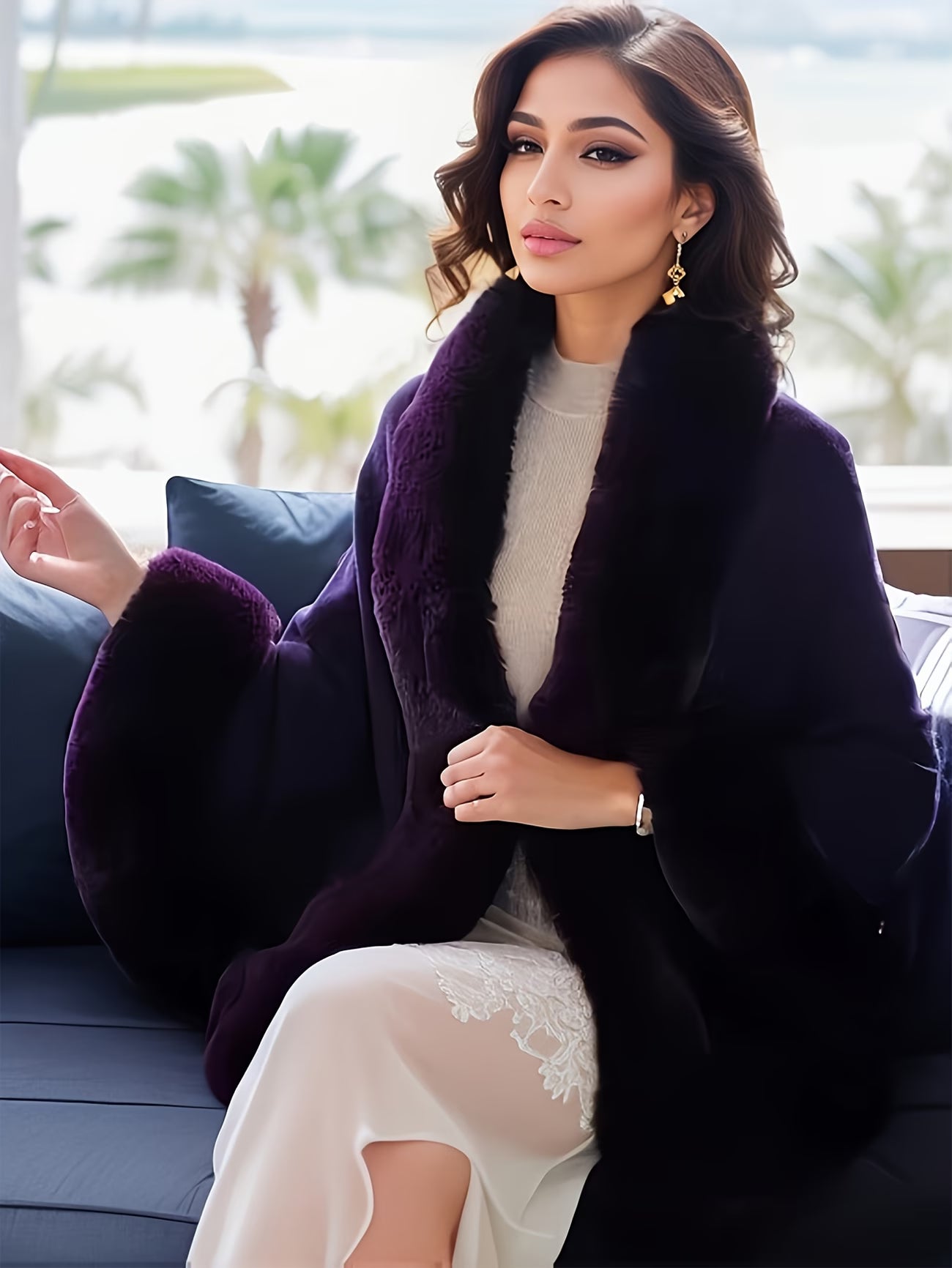 SnowTest Women’s Oversized Cable Knit Poncho Jumper – Luxury Faux Fur Trim Winter Cape