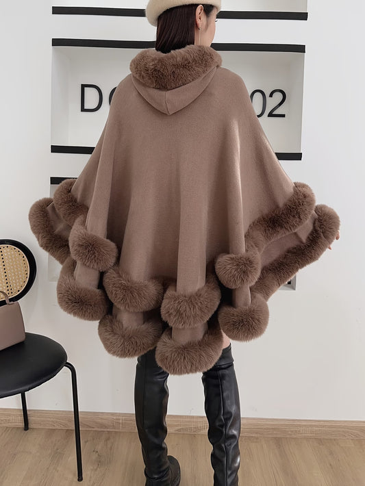 SnoTest Women’s Elegant Faux Fur Knit Cape – Oversized Winter Poncho Jumper