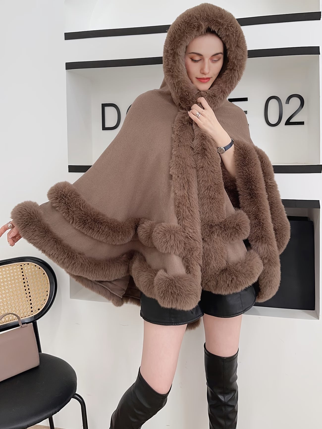 SnoTest Women’s Elegant Faux Fur Knit Cape – Oversized Winter Poncho Jumper