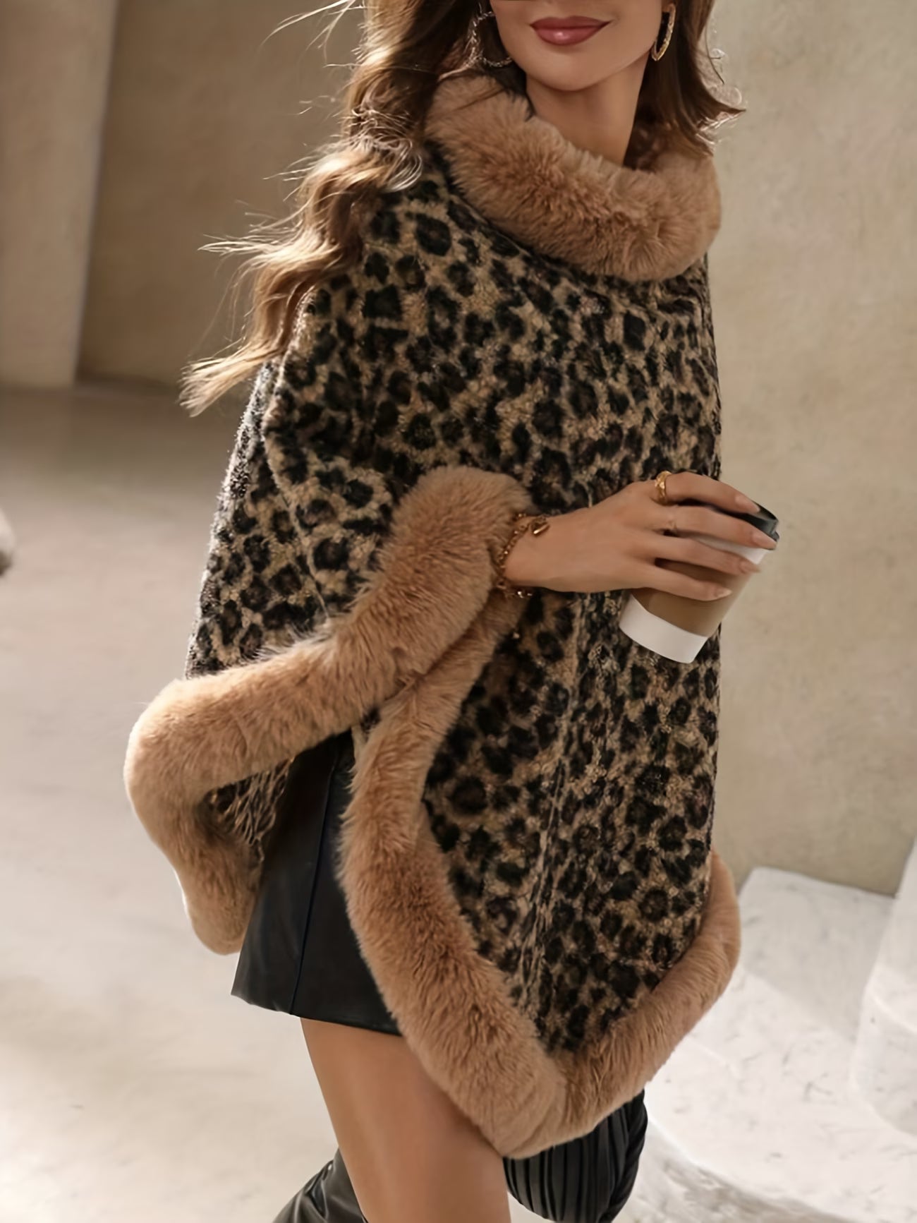 SnowTest Women’s Luxury Faux Fur Poncho Sweater – Oversized Cable Knit Winter Cape