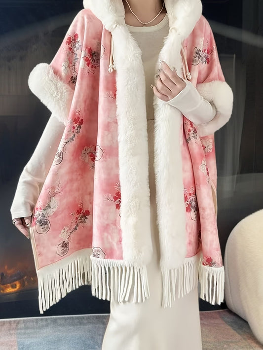 SnowTest Women’s Luxury Faux Fur Poncho Sweater – Oversized Cable Knit Winter Cape