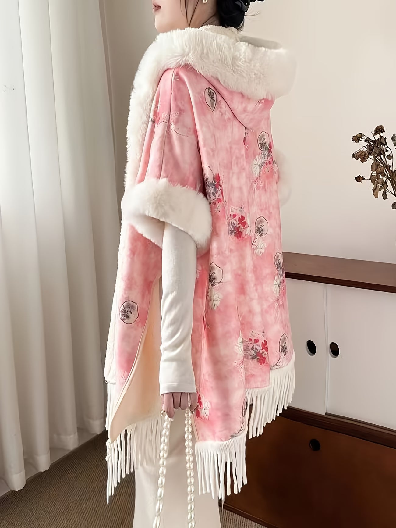 SnowTest Women’s Luxury Faux Fur Poncho Sweater – Oversized Cable Knit Winter Cape