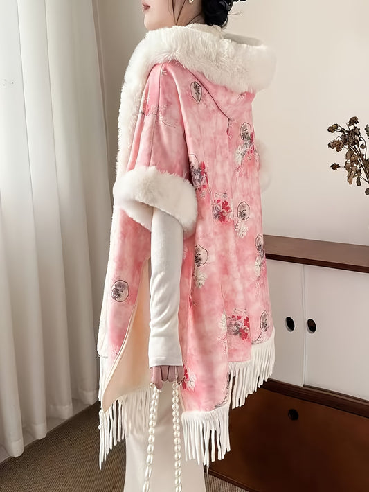 SnowTest Women’s Luxury Faux Fur Poncho Sweater – Oversized Cable Knit Winter Cape