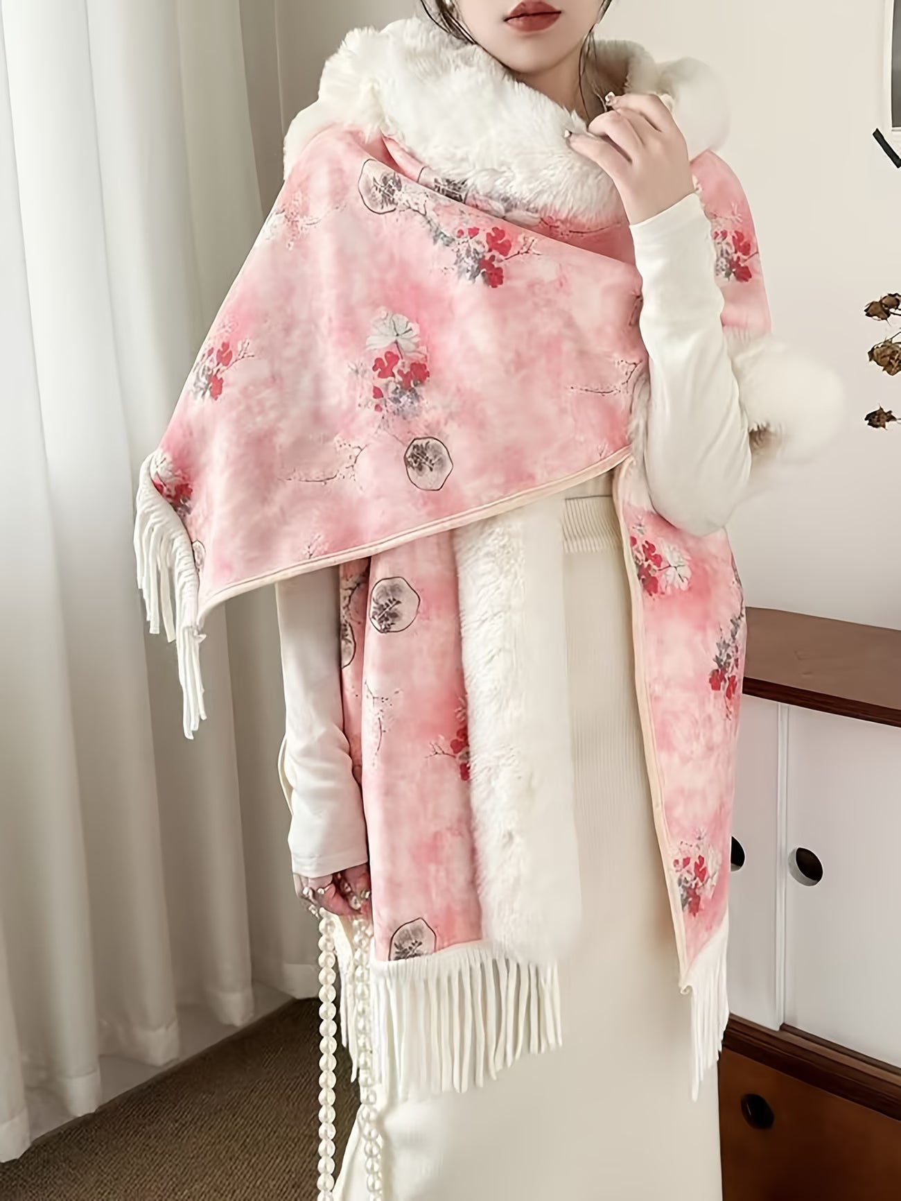 SnowTest Women’s Luxury Faux Fur Poncho Sweater – Oversized Cable Knit Winter Cape