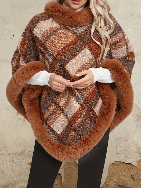 SnowTest Women’s Luxury Faux Fur Trim Poncho – Oversized Winter Knit Cape Sweater