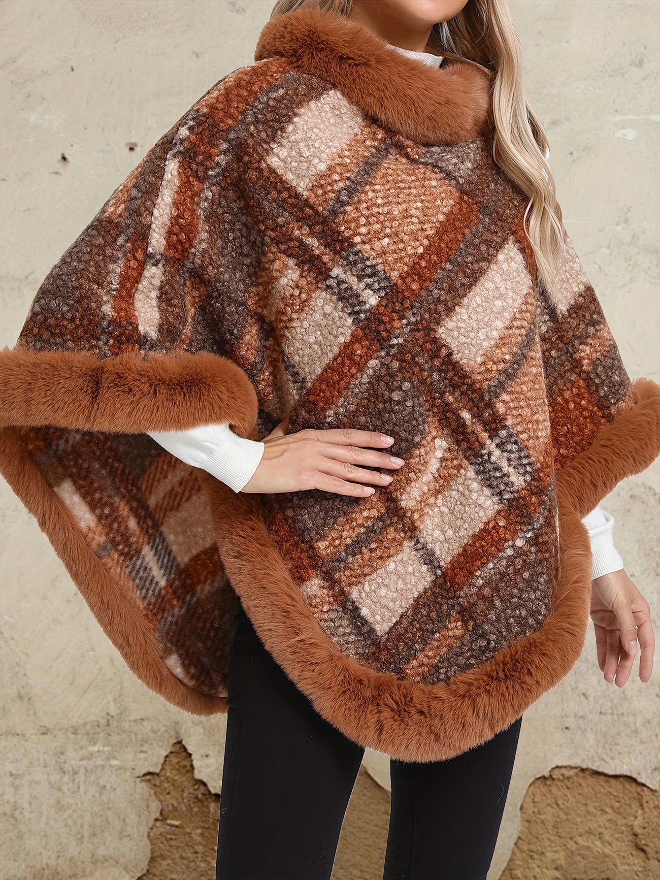 SnowTest Women’s Luxury Faux Fur Trim Poncho – Oversized Winter Knit Cape Sweater